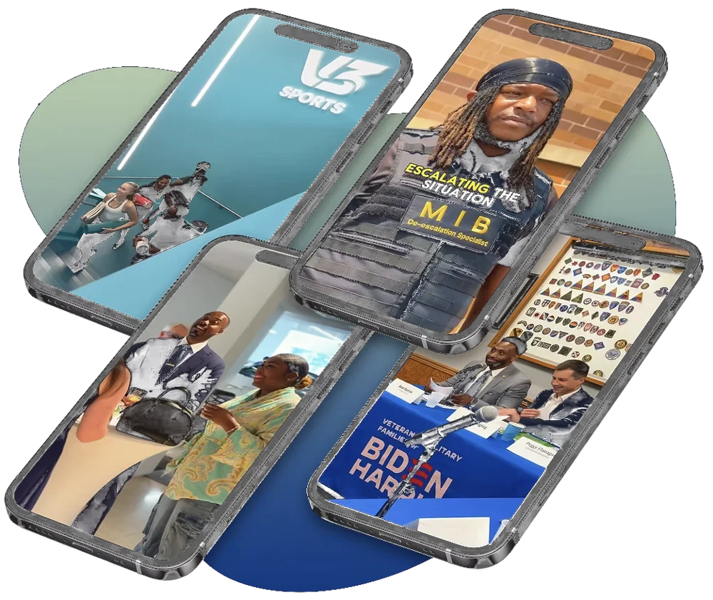 Phones showing Startup Hussle social content for V3 Sports, a de-escalation specialist, an event and a veterans forum
